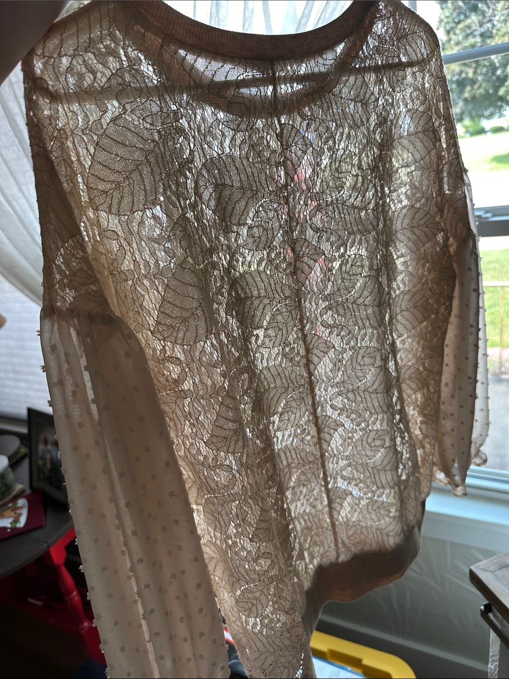 Mystree Lace Front & Sheer Dobby Sleeve Sweatshirt in Light Beige - Picture 3 of 7